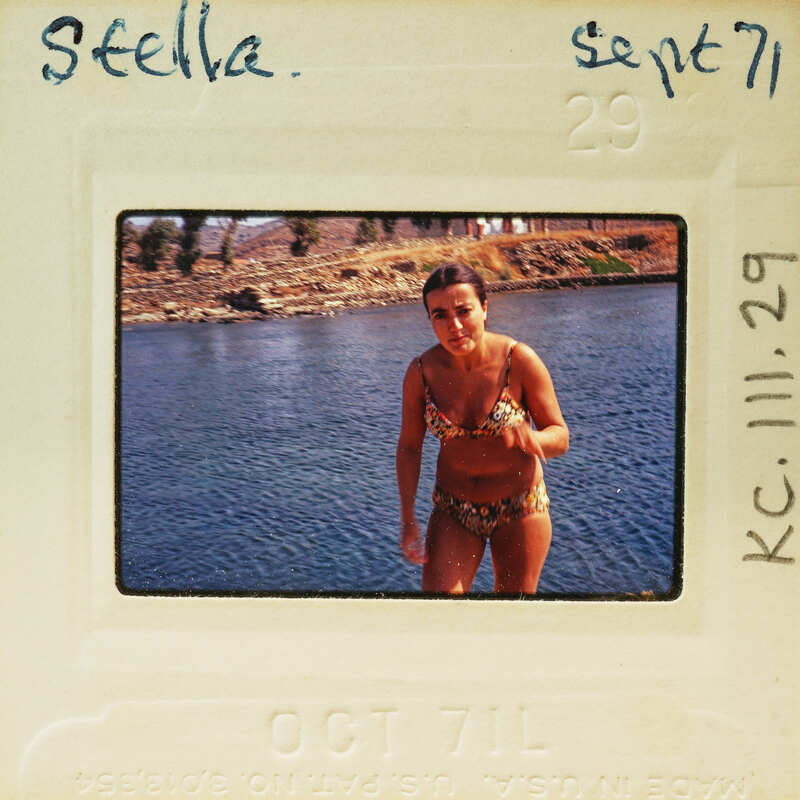 Woman standing on the shore of a body of water, wearing a bikini and smiling. Catalog number KC.111.29