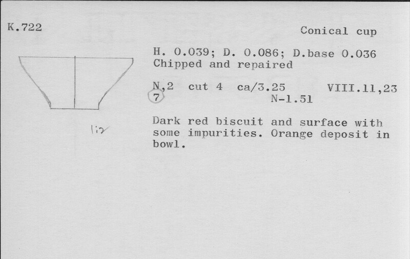 Index card with typed and handwritten information, sometimes including a sketch, of pottery from an excavation.