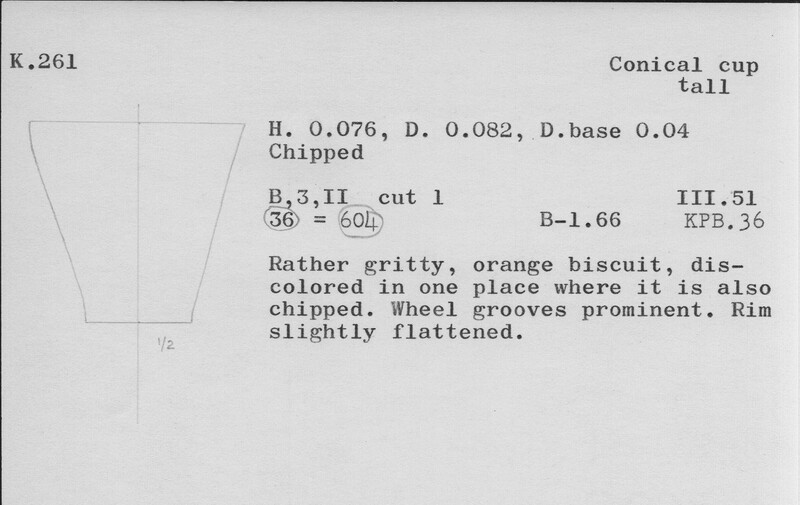 Index card with typed and handwritten information, sometimes including a sketch, of pottery from an excavation.
