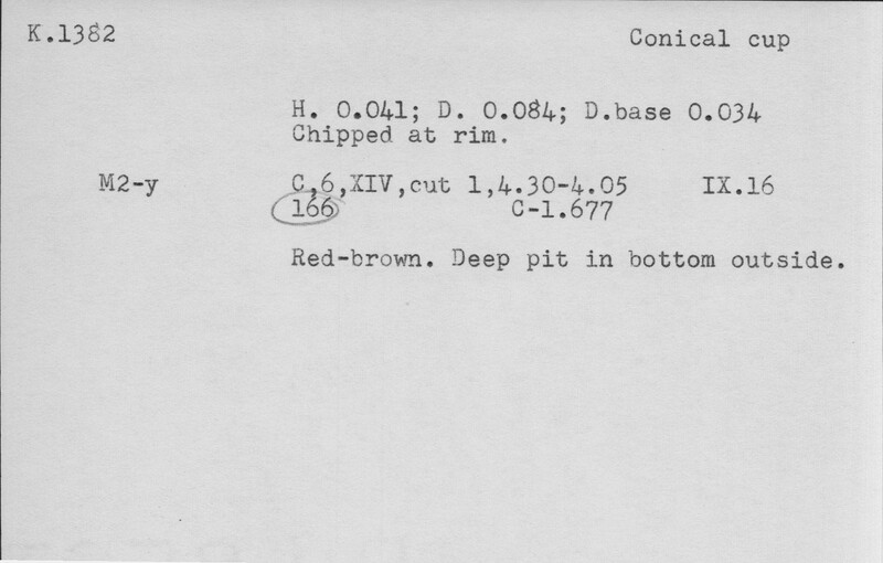 Index card with typed and handwritten information, sometimes including a sketch, of pottery from an excavation.