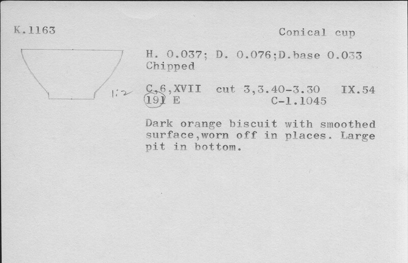 Index card with typed and handwritten information, sometimes including a sketch, of pottery from an excavation.