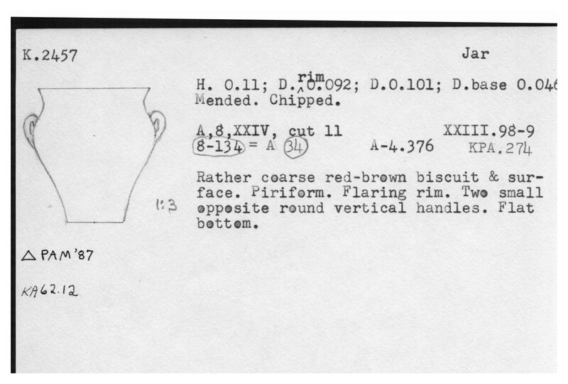 Index card with typed and handwritten information, sometimes including a sketch, of pottery from an excavation.
