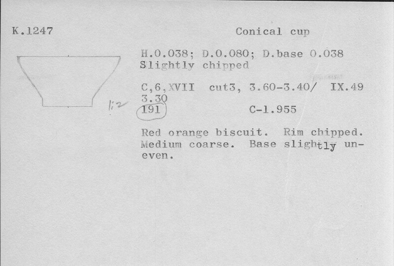 Index card with typed and handwritten information, sometimes including a sketch, of pottery from an excavation.