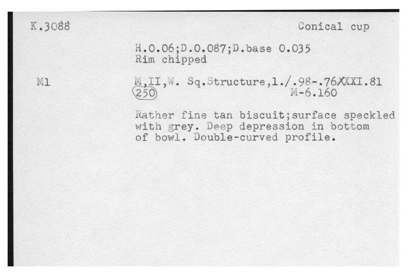 Index card with typed and handwritten information, sometimes including a sketch, of pottery from an excavation.