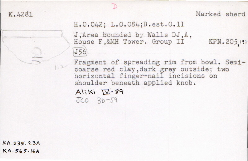 Index card with typed and handwritten information, sometimes including a sketch, of pottery from an excavation.