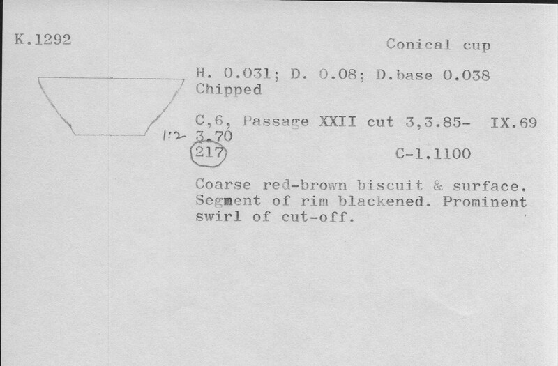 Index card with typed and handwritten information, sometimes including a sketch, of pottery from an excavation.