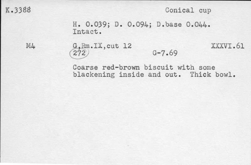 Index card with typed and handwritten information, sometimes including a sketch, of pottery from an excavation.