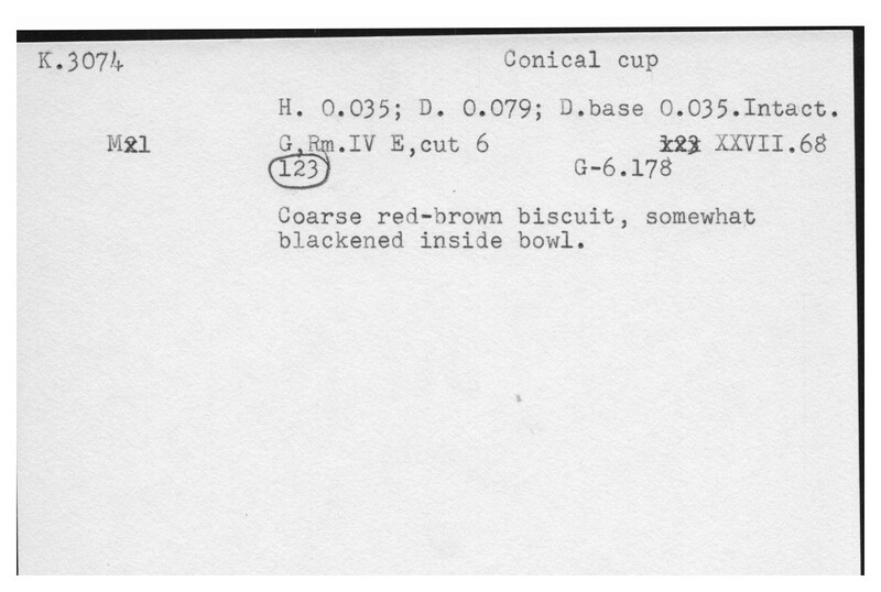 Index card with typed and handwritten information, sometimes including a sketch, of pottery from an excavation.