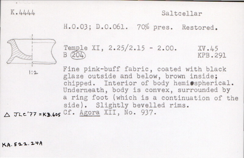 Index card with typed and handwritten information, sometimes including a sketch, of pottery from an excavation.