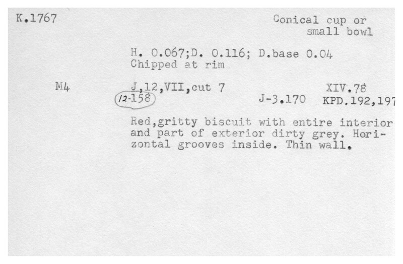 Index card with typed and handwritten information, sometimes including a sketch, of pottery from an excavation.