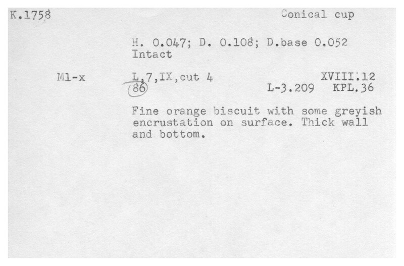 Index card with typed and handwritten information, sometimes including a sketch, of pottery from an excavation.