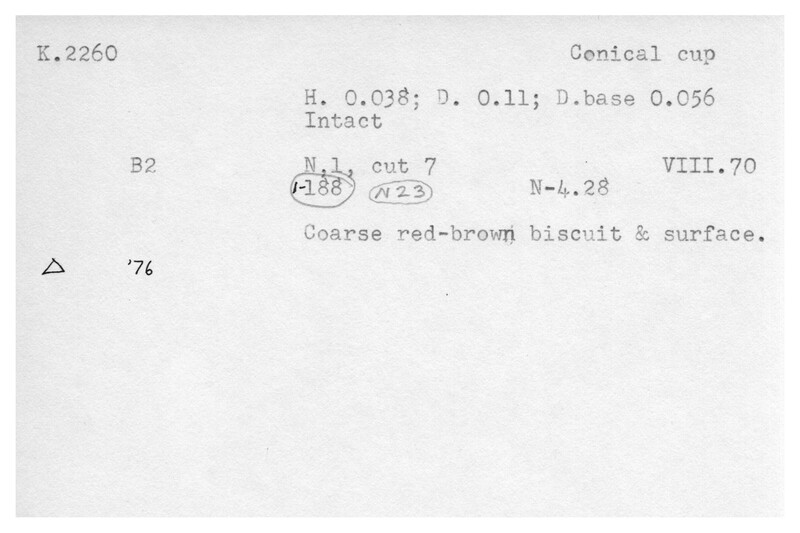 Index card with typed and handwritten information, sometimes including a sketch, of pottery from an excavation.