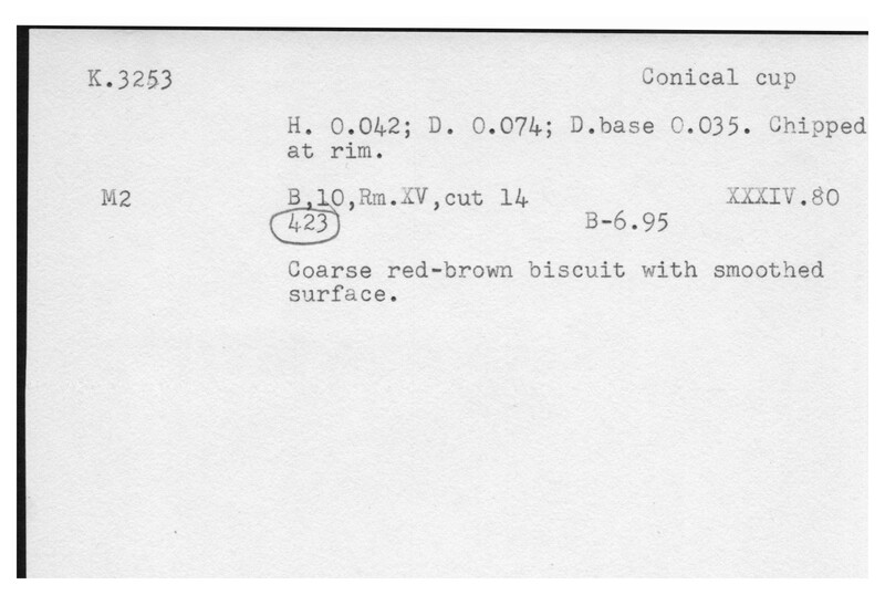 Index card with typed and handwritten information, sometimes including a sketch, of pottery from an excavation.