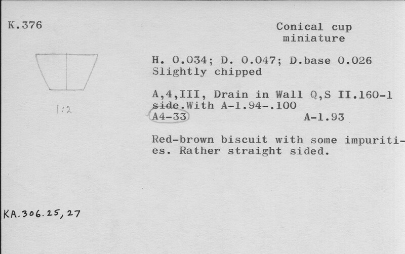 Index card with typed and handwritten information, sometimes including a sketch, of pottery from an excavation.