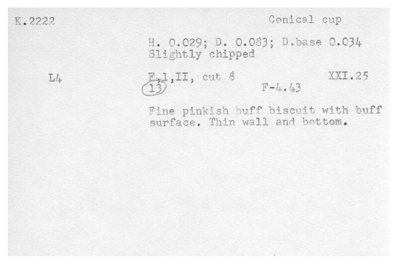 Index card with typed and handwritten information, sometimes including a sketch, of pottery from an excavation.
