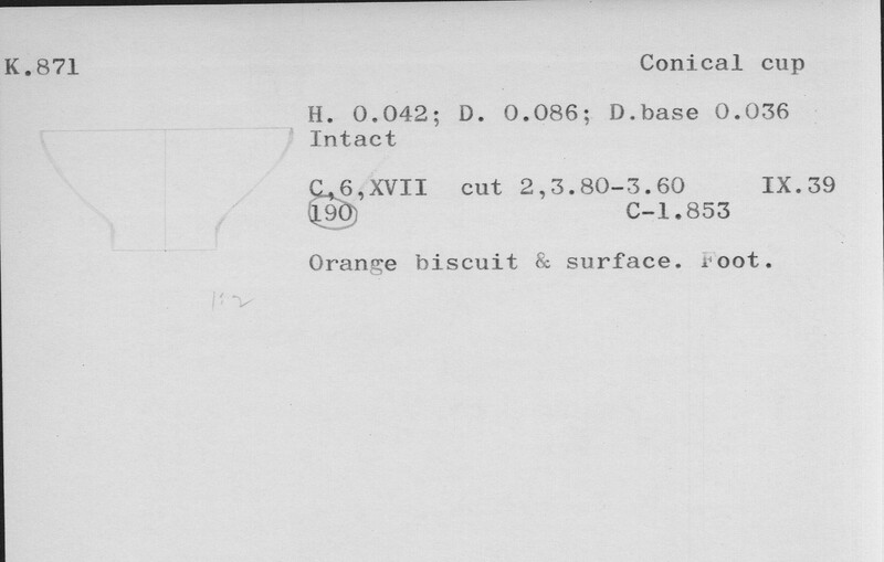 Index card with typed and handwritten information, sometimes including a sketch, of pottery from an excavation.