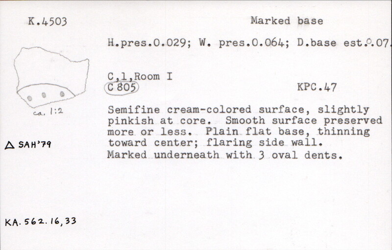 Index card with typed and handwritten information, sometimes including a sketch, of pottery from an excavation.