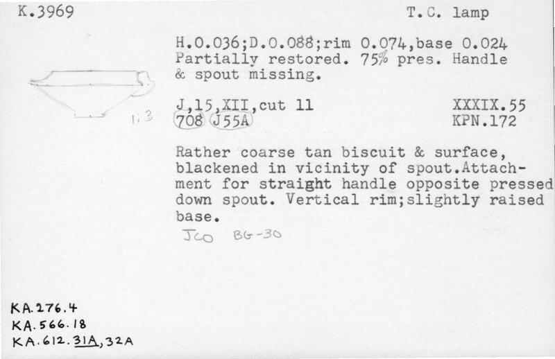Index card with typed and handwritten information, sometimes including a sketch, of pottery from an excavation.