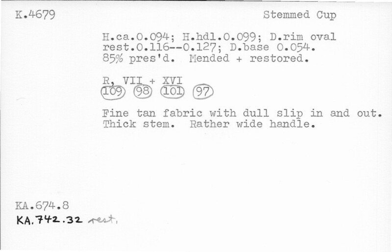 Index card with typed and handwritten information, sometimes including a sketch, of pottery from an excavation.