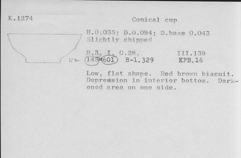 Index card with typed and handwritten information, sometimes including a sketch, of pottery from an excavation.