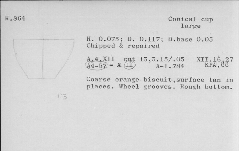 Index card with typed and handwritten information, sometimes including a sketch, of pottery from an excavation.