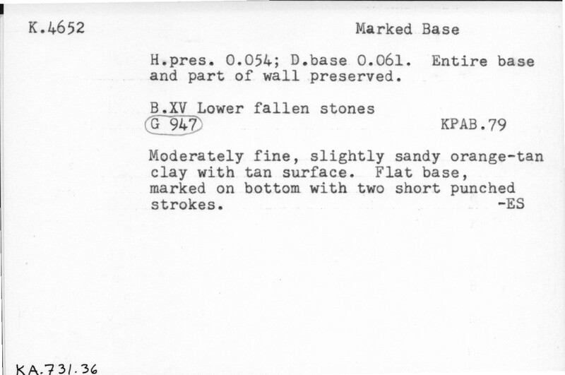 Index card with typed and handwritten information, sometimes including a sketch, of pottery from an excavation.