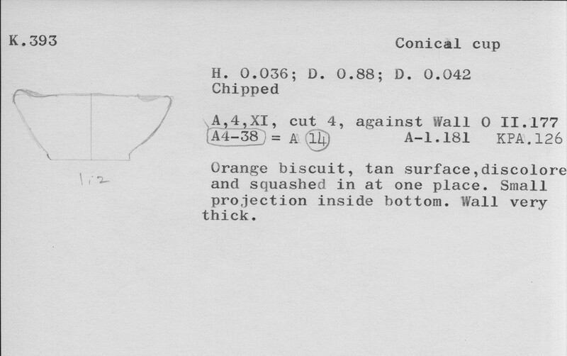 Index card with typed and handwritten information, sometimes including a sketch, of pottery from an excavation.