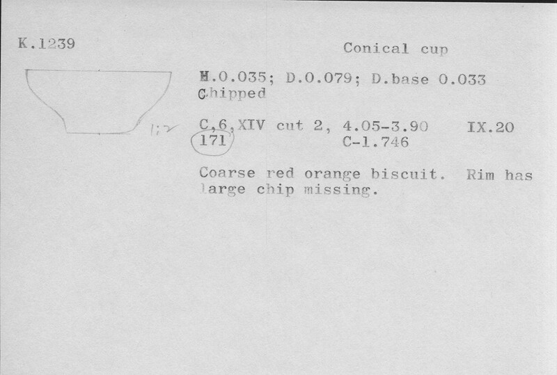 Index card with typed and handwritten information, sometimes including a sketch, of pottery from an excavation.