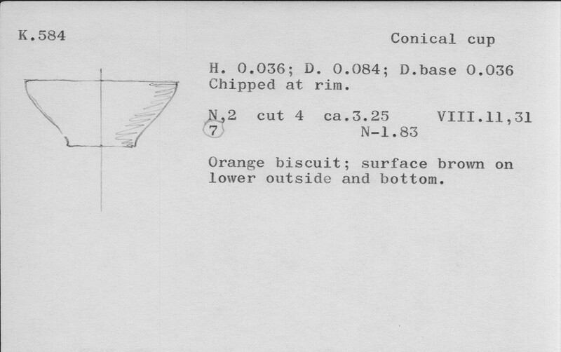Index card with typed and handwritten information, sometimes including a sketch, of pottery from an excavation.