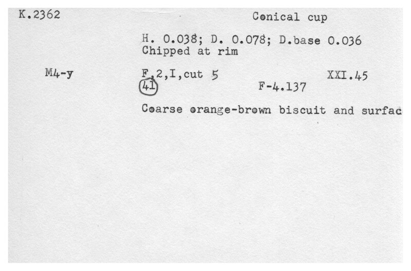 Index card with typed and handwritten information, sometimes including a sketch, of pottery from an excavation.