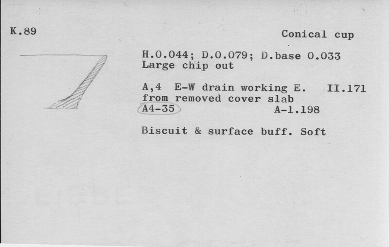 Index card with typed and handwritten information, sometimes including a sketch, of pottery from an excavation.