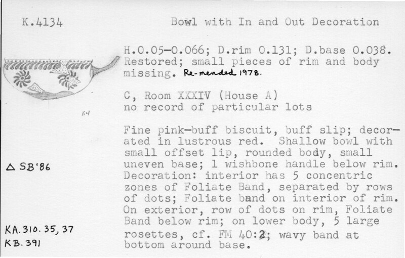 Index card with typed and handwritten information, sometimes including a sketch, of pottery from an excavation.