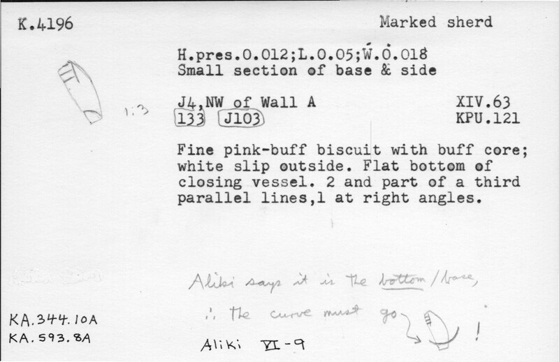 Index card with typed and handwritten information, sometimes including a sketch, of pottery from an excavation.