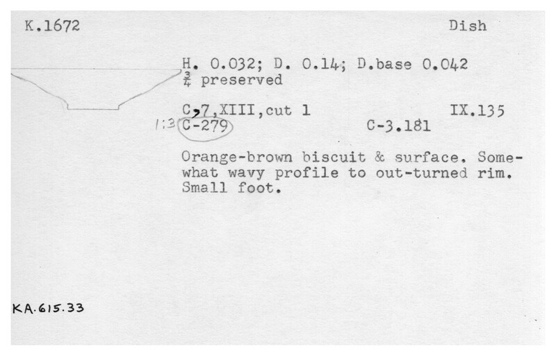Index card with typed and handwritten information, sometimes including a sketch, of pottery from an excavation.