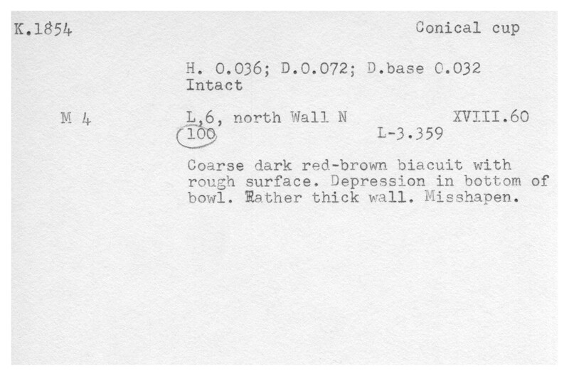 Index card with typed and handwritten information, sometimes including a sketch, of pottery from an excavation.