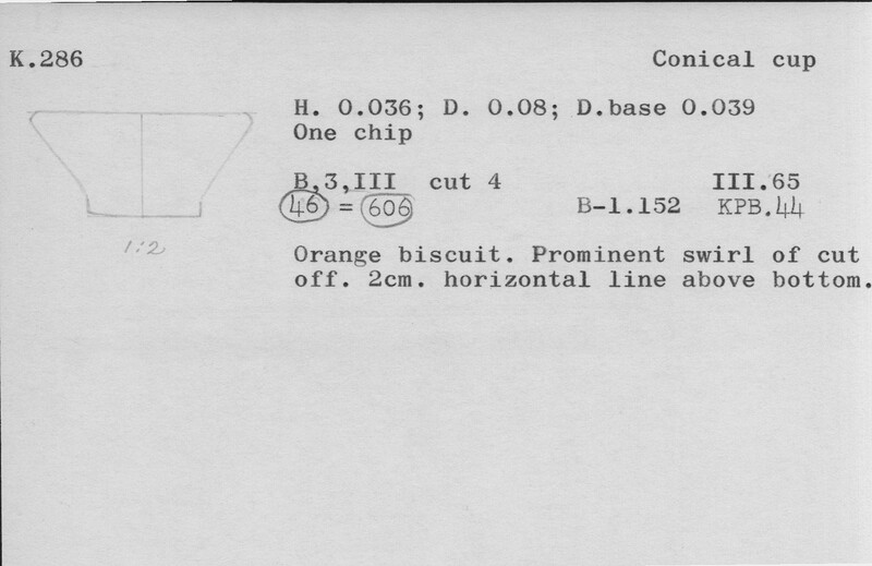 Index card with typed and handwritten information, sometimes including a sketch, of pottery from an excavation.