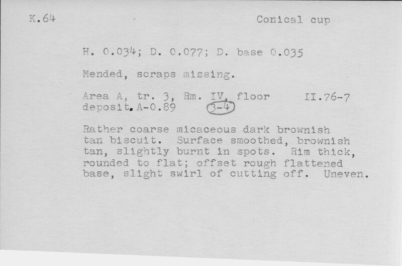 Index card with typed and handwritten information, sometimes including a sketch, of pottery from an excavation.
