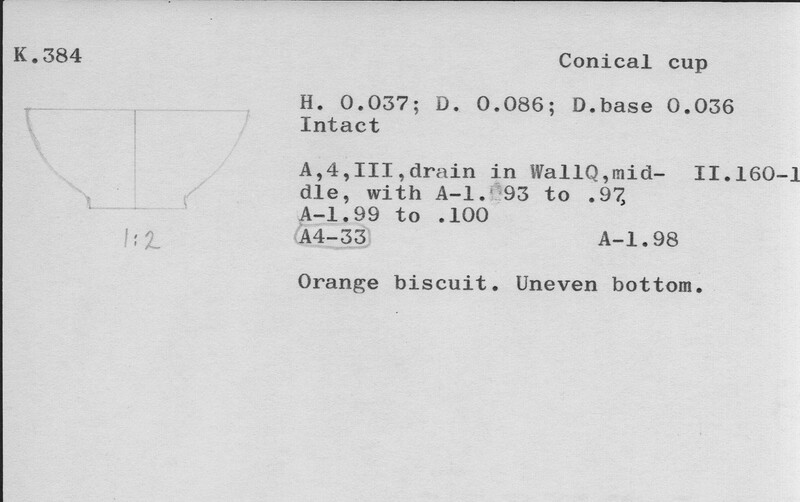 Index card with typed and handwritten information, sometimes including a sketch, of pottery from an excavation.