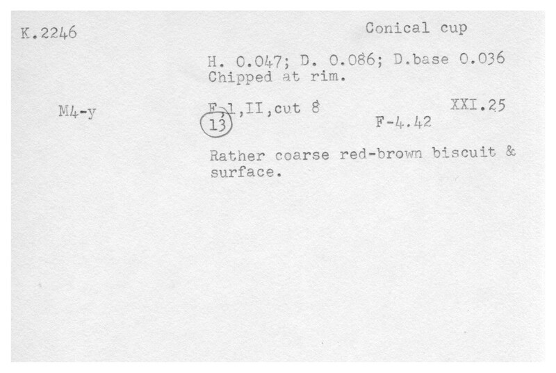 Index card with typed and handwritten information, sometimes including a sketch, of pottery from an excavation.