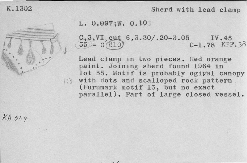 Index card with typed and handwritten information, sometimes including a sketch, of pottery from an excavation.