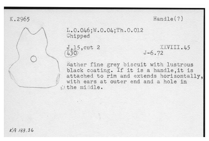 Index card with typed and handwritten information, sometimes including a sketch, of pottery from an excavation.