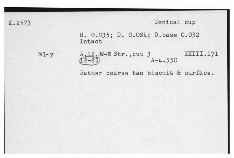 Index card with typed and handwritten information, sometimes including a sketch, of pottery from an excavation.