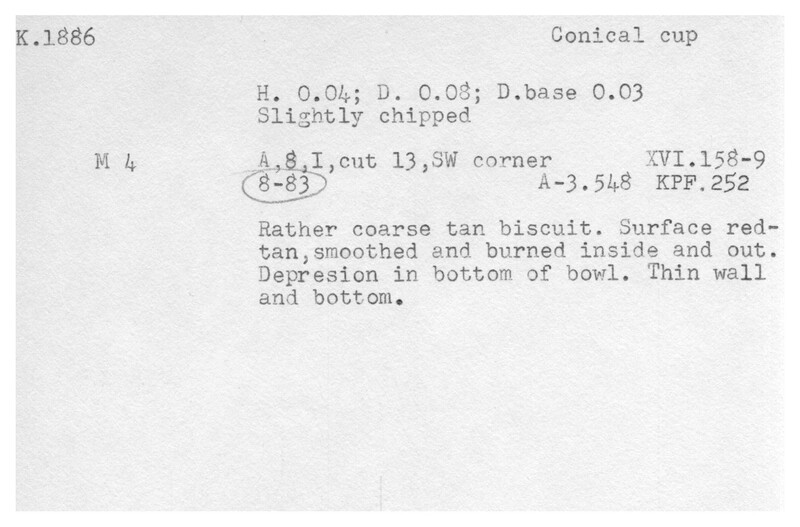 Index card with typed and handwritten information, sometimes including a sketch, of pottery from an excavation.