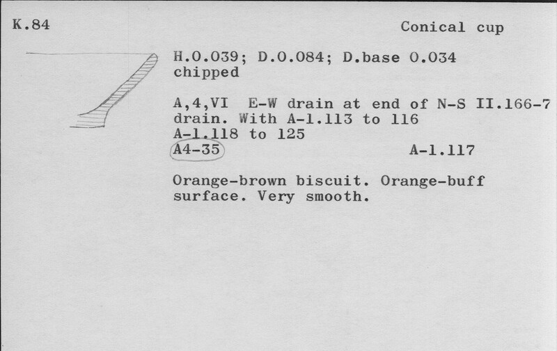 Index card with typed and handwritten information, sometimes including a sketch, of pottery from an excavation.