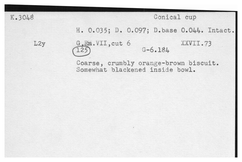 Index card with typed and handwritten information, sometimes including a sketch, of pottery from an excavation.
