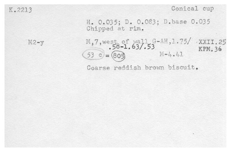 Index card with typed and handwritten information, sometimes including a sketch, of pottery from an excavation.