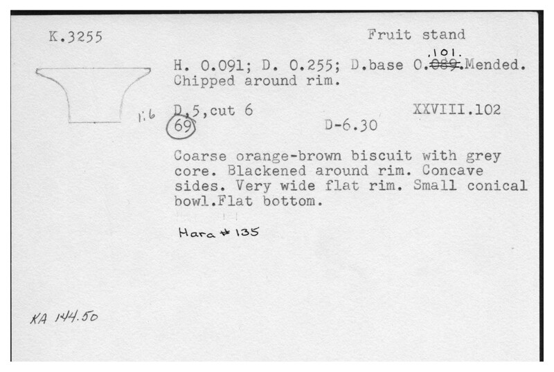 Index card with typed and handwritten information, sometimes including a sketch, of pottery from an excavation.