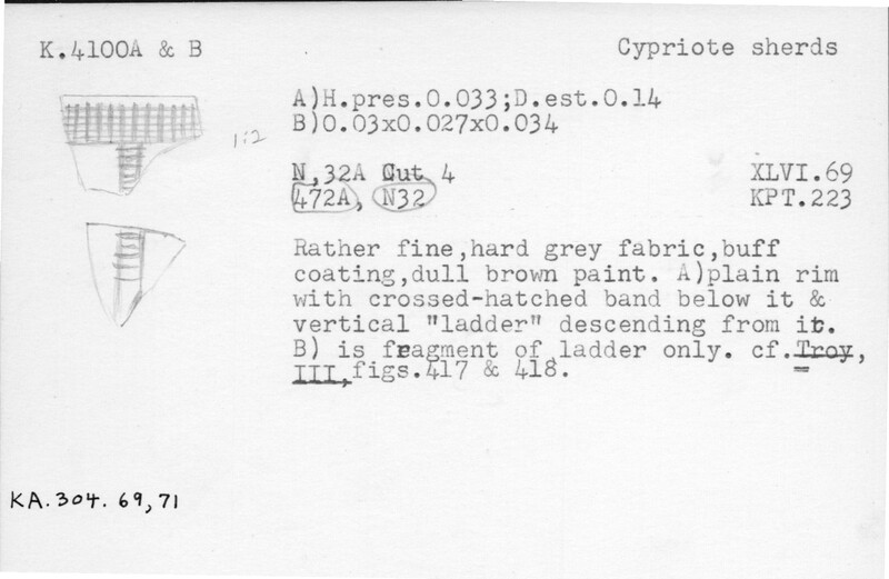 Index card with typed and handwritten information, sometimes including a sketch, of pottery from an excavation.