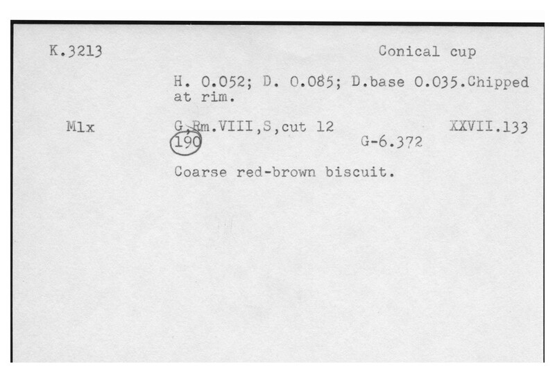 Index card with typed and handwritten information, sometimes including a sketch, of pottery from an excavation.