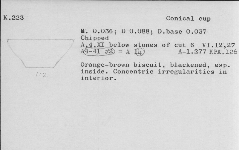 Index card with typed and handwritten information, sometimes including a sketch, of pottery from an excavation.